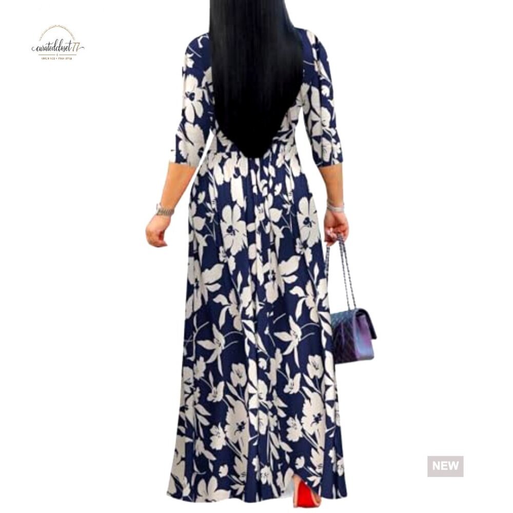 Plus Size Maxi Dress Wrap V Neck 3/4 Sleeve Casual Summer Sundress with Pockets - Picture 2 of 2